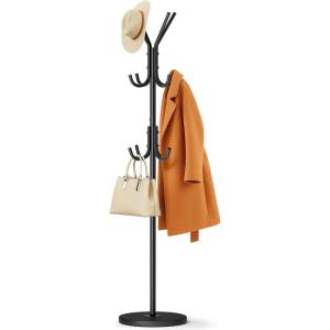 image:imageMISSLO Heavy Duty Coat Rack Freestanding with Stable Wood Base Modern White Coat Tree with 12 Hooks Adjustable Coats Hanger Stand Stylish Standing Clothes Tree for Entryway Bedroom Corner HallBlack