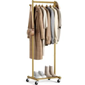 image:imageMISSLO Small Clothes Racks for Hanging Clothes Clothing Rack with Wheels 60 Garment Rack with Shelves Portable Rolling Wardrobe Rack for Small Space Gold