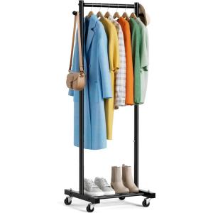 image:imageMISSLO Heavy Duty Clothes Racks for Hanging Clothes 25mm Metal Clothing Rack with Shelves for Storage Rolling Garment Rack with Wheels for Bedroom Laundry Black 28 x 155 x 60Black