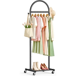 image:imageMISSLO 18 Small Clothes Racks for Hanging Clothes Arched Shape Gold Clothing Rack with Wheels 70 Metal Rolling Garment Rack with Shelves for Small Space Bedroom Laundry GoldBlack