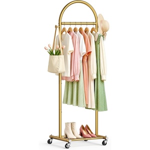 image:imageMISSLO 18 Small Clothes Racks for Hanging Clothes Arched Shape Gold Clothing Rack with Wheels 70 Metal Rolling Garment Rack with Shelves for Small Space Bedroom Laundry GoldGold