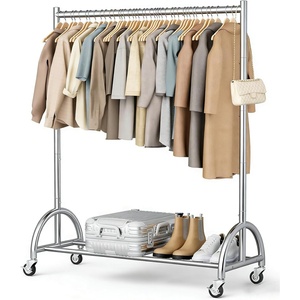 image:imageMISSLO Heavy Duty Clothing Rack with Wheels Rolling Clothes Racks for Hanging Clothes Coats Garment Dress WhiteSilver